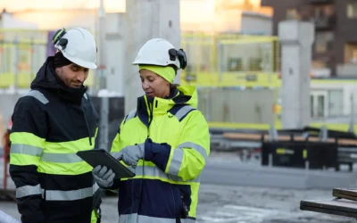 Bild på en man och en kvinna i varselkläder på byggarbetsplats, kvinnan pekar och visar arbete på en surfplatta