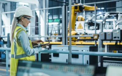 Bild på en kvinna iklädd hjälm och varselkläder som arbetar med smart produktion på surfplatta i industrimiljö