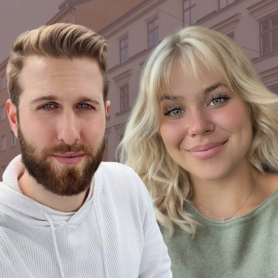 Porträttbild på Joacim Jonsson och Alice Lifvendahl bredvid varandra som studerar till fastighetstekniker